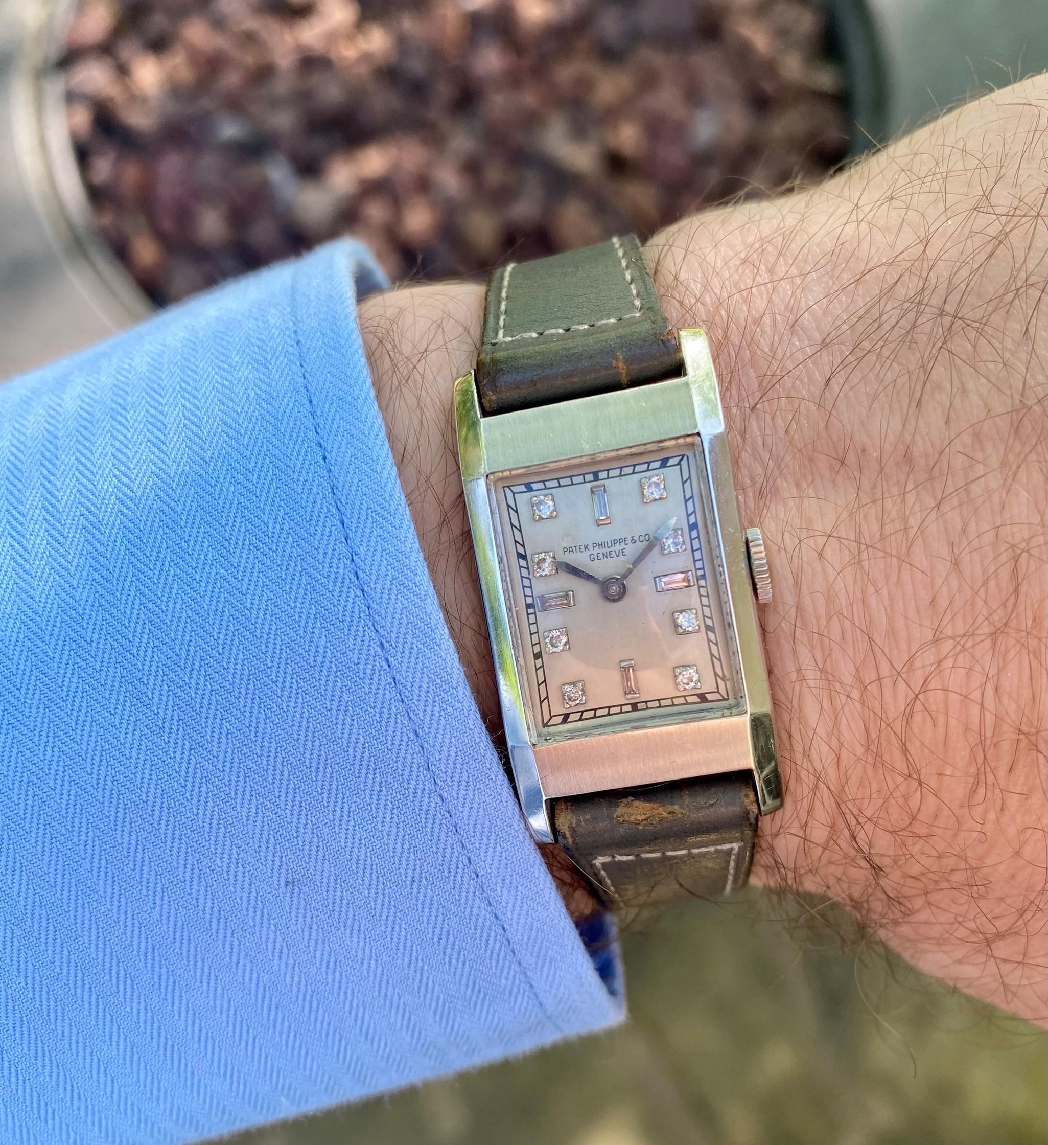 Reloj Art Déco Rectangular 1930 Patek Philippe Vintage para caballero - Platino en venta 4