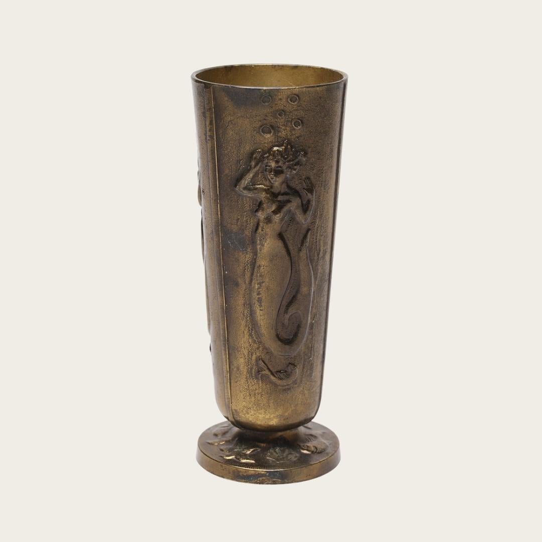 Swedish 1930s Patinated Bronze Vase with Mermaid Relief For Sale