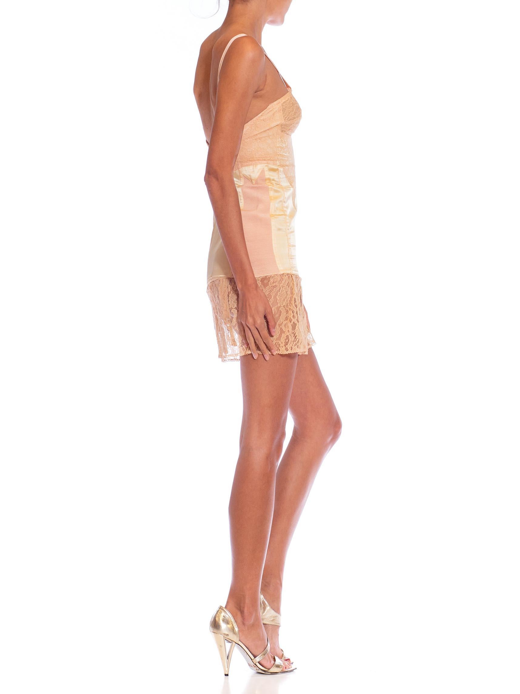 Beige 1930S Peach & Cream Satin Lace Bust To Knee Slip With Garters
