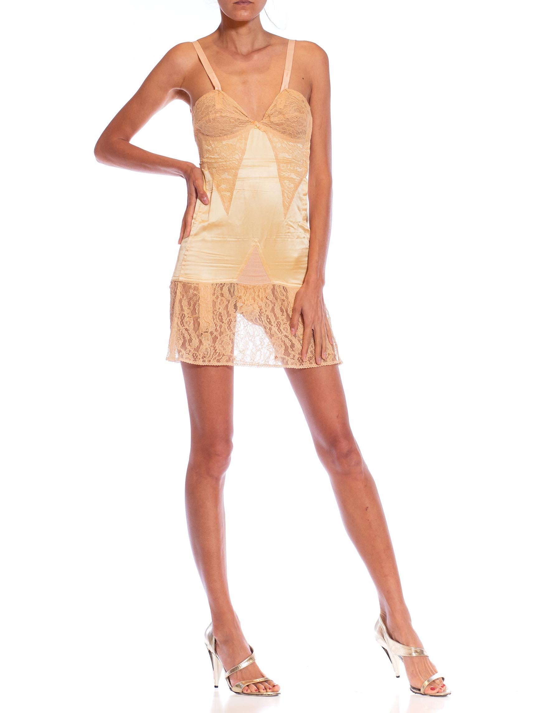 1930S Peach & Cream Satin Lace Bust To Knee Slip With Garters For Sale 1