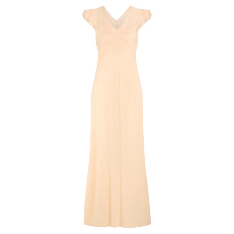 1930s Peach Embroidered Silk Slip Dress with Cap Sleeves For Sale at 1stDibs