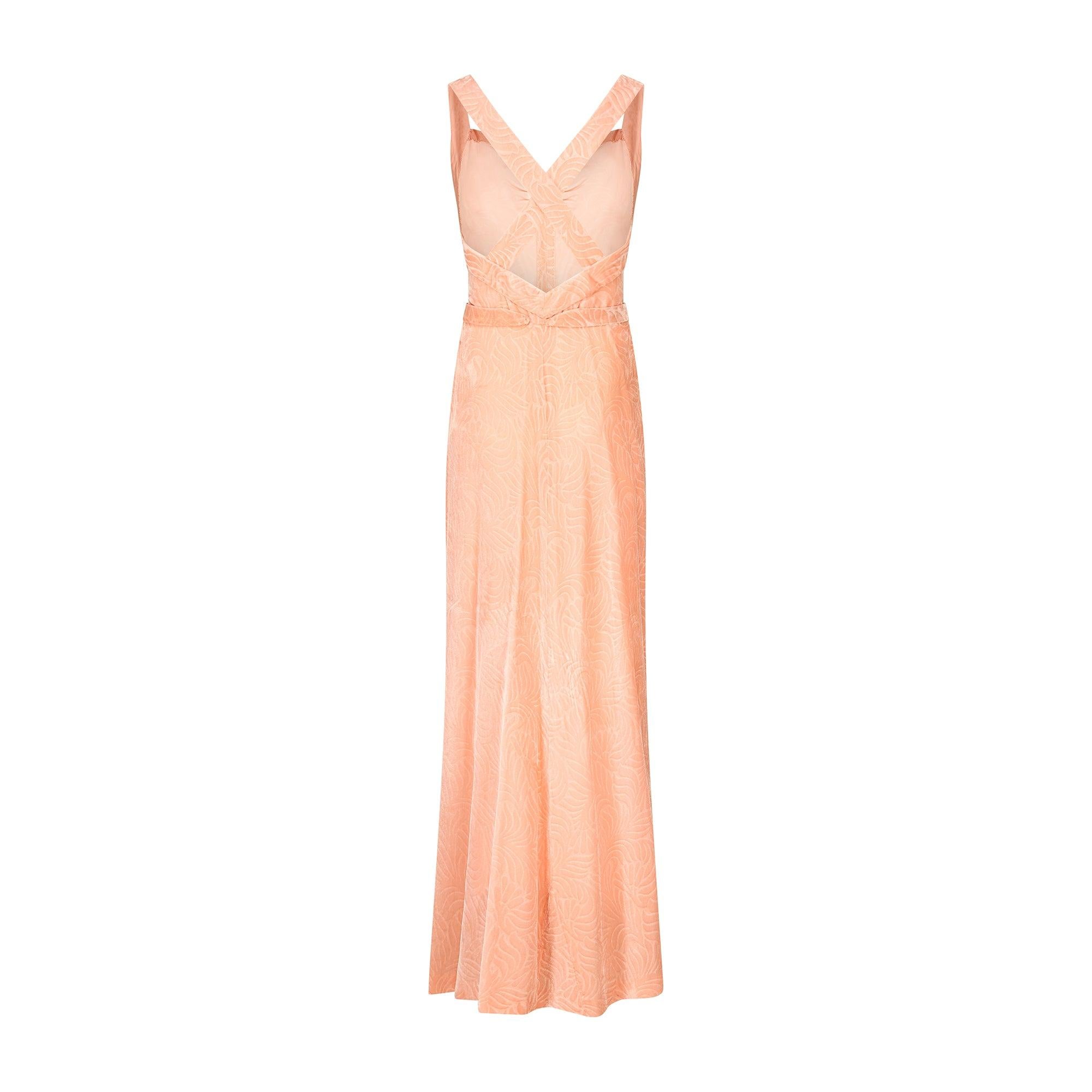 Orange 1930s Peach Pink Patterned Velvet Gown with Rhinestone Belt Buckle For Sale