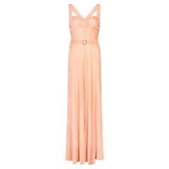 1930s Peach Pink Patterned Velvet Gown with Rhinestone Belt Buckle