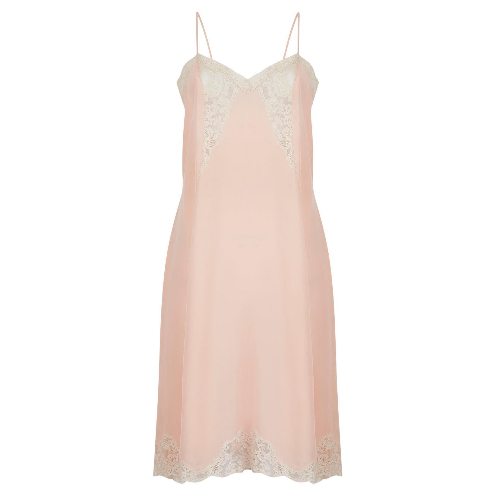 1930s Peach Silk and Lace Insert Slip Dress For Sale