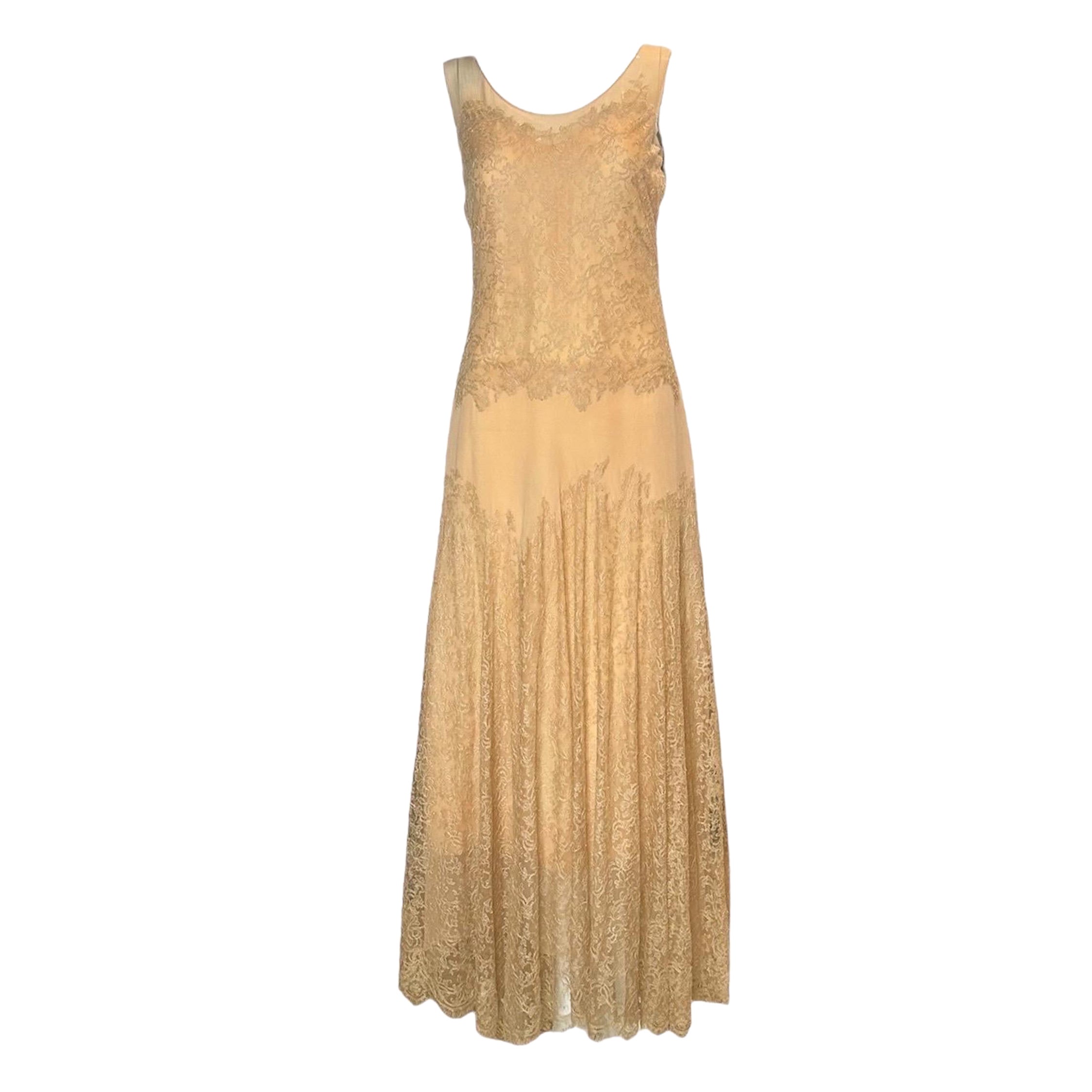 1930s Peach Silk Lace Bias Cut Gown