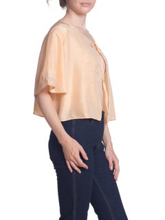 1930S Peach Silk Tie Front Bed Jacket With Embroidered Net Lace Trim