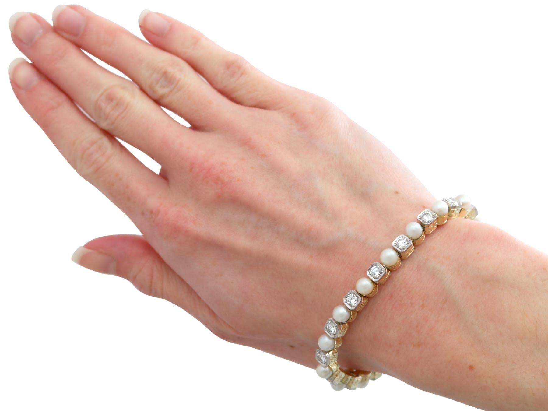 1930s Pearl and 3.30 Carat Diamond 14k Yellow Gold Line Bracelet  For Sale 5