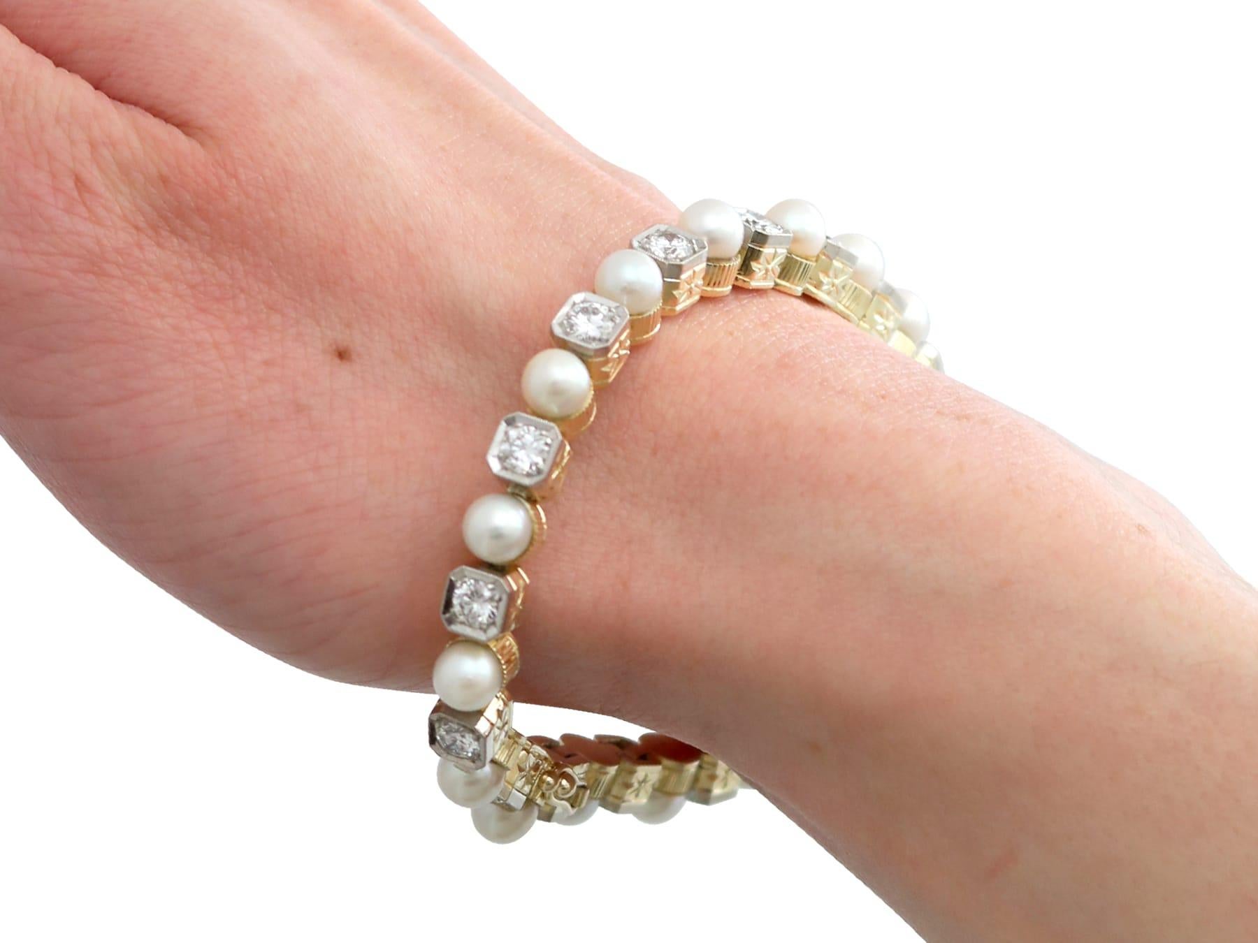 1930s Pearl and 3.30 Carat Diamond 14k Yellow Gold Line Bracelet  For Sale 6