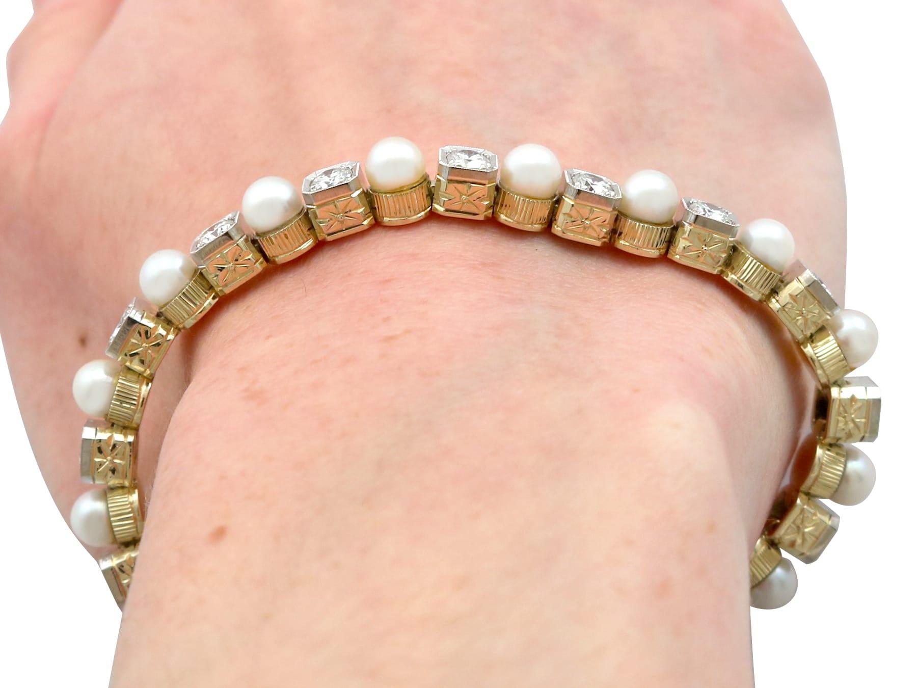 1930s Pearl and 3.30 Carat Diamond 14k Yellow Gold Line Bracelet  For Sale 7