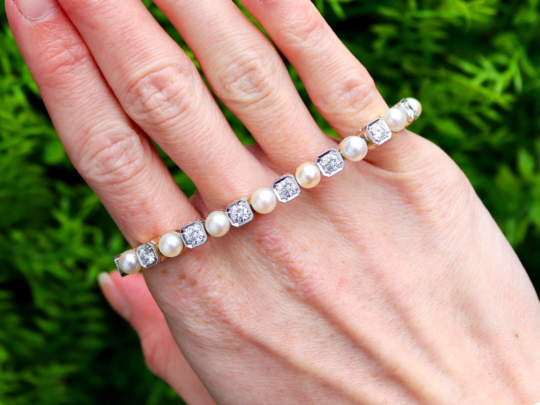 A stunning, fine and impressive antique pearl and 3.30 carat diamond, 14 karat yellow gold and 14 karat white gold set line bracelet; part of our diverse antique pearl jewellery collections

This stunning, fine and impressive antique bracelet has
