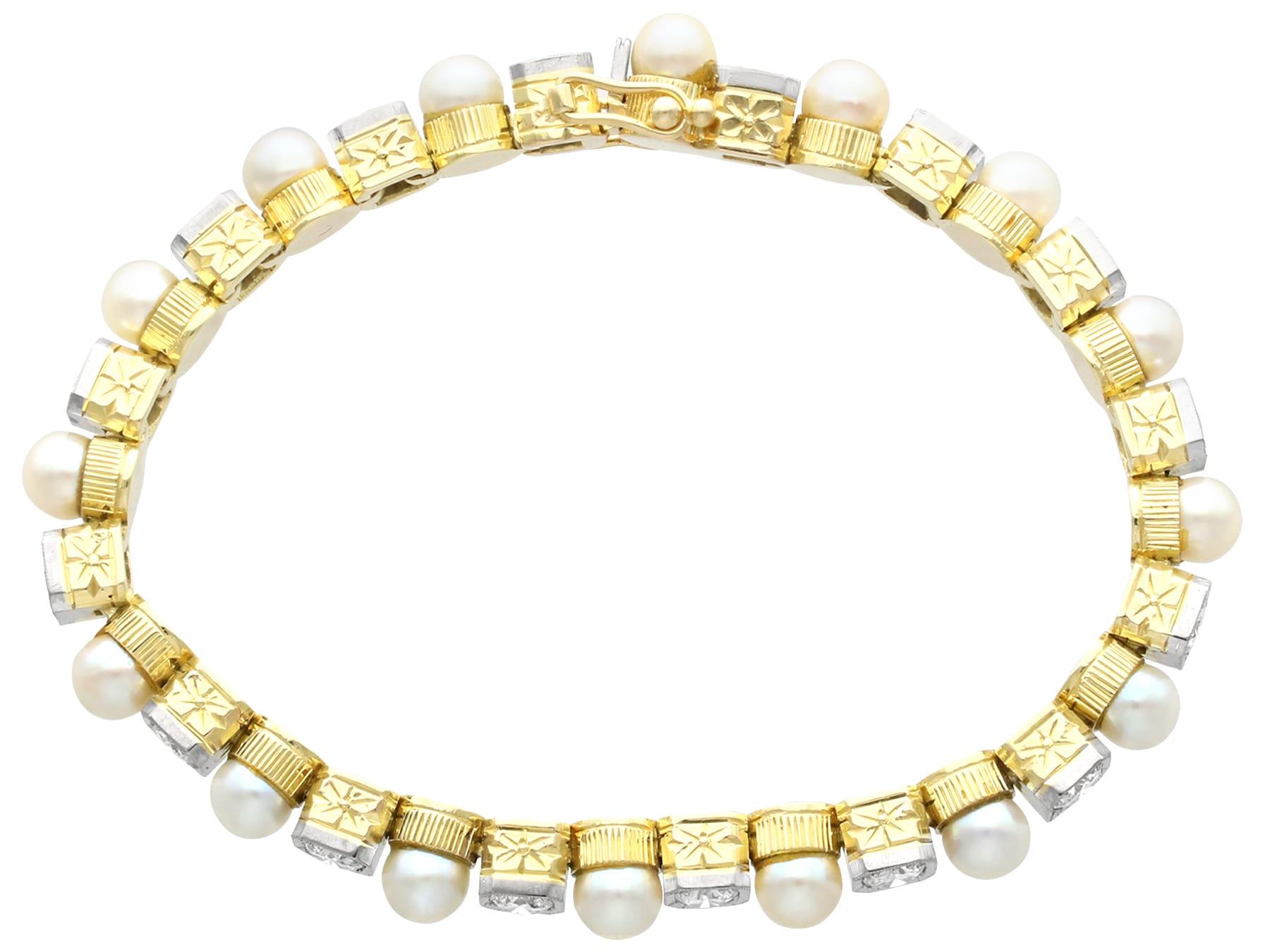 Round Cut 1930s Pearl and 3.30 Carat Diamond 14k Yellow Gold Line Bracelet  For Sale