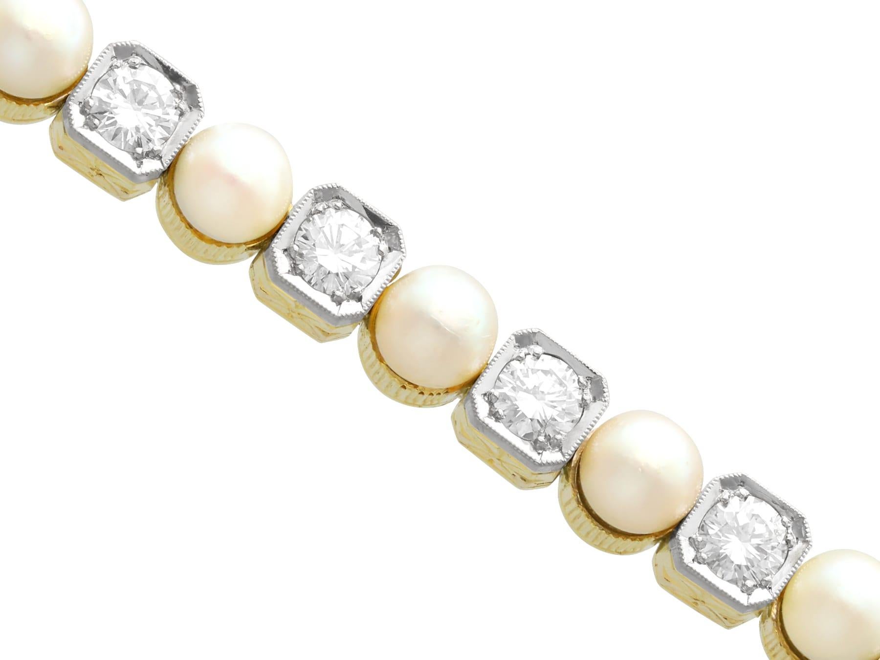 1930s Pearl and 3.30 Carat Diamond 14k Yellow Gold Line Bracelet  In Excellent Condition For Sale In Jesmond, Newcastle Upon Tyne