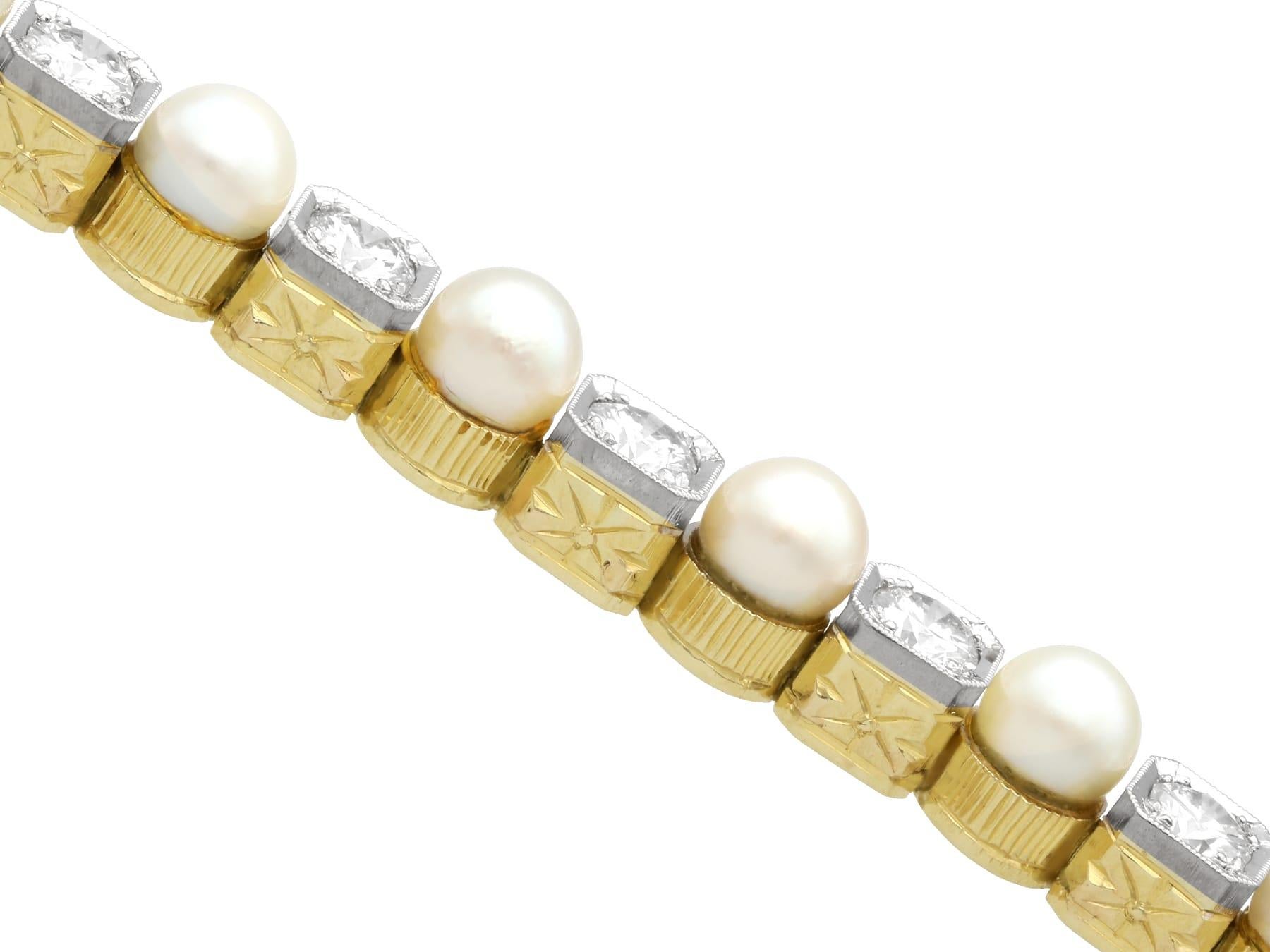Women's or Men's 1930s Pearl and 3.30 Carat Diamond 14k Yellow Gold Line Bracelet  For Sale