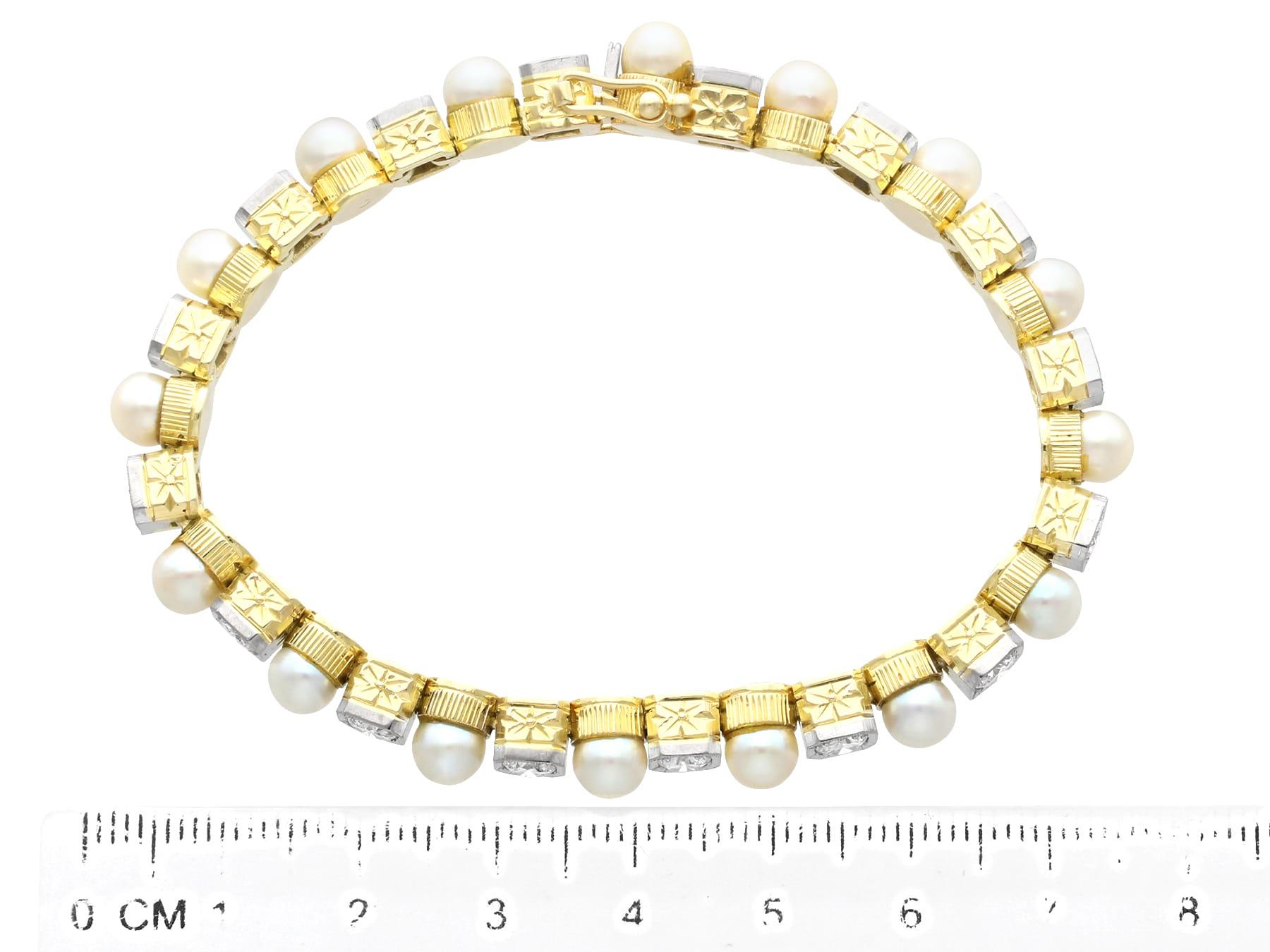 1930s Pearl and 3.30 Carat Diamond 14k Yellow Gold Line Bracelet  For Sale 3