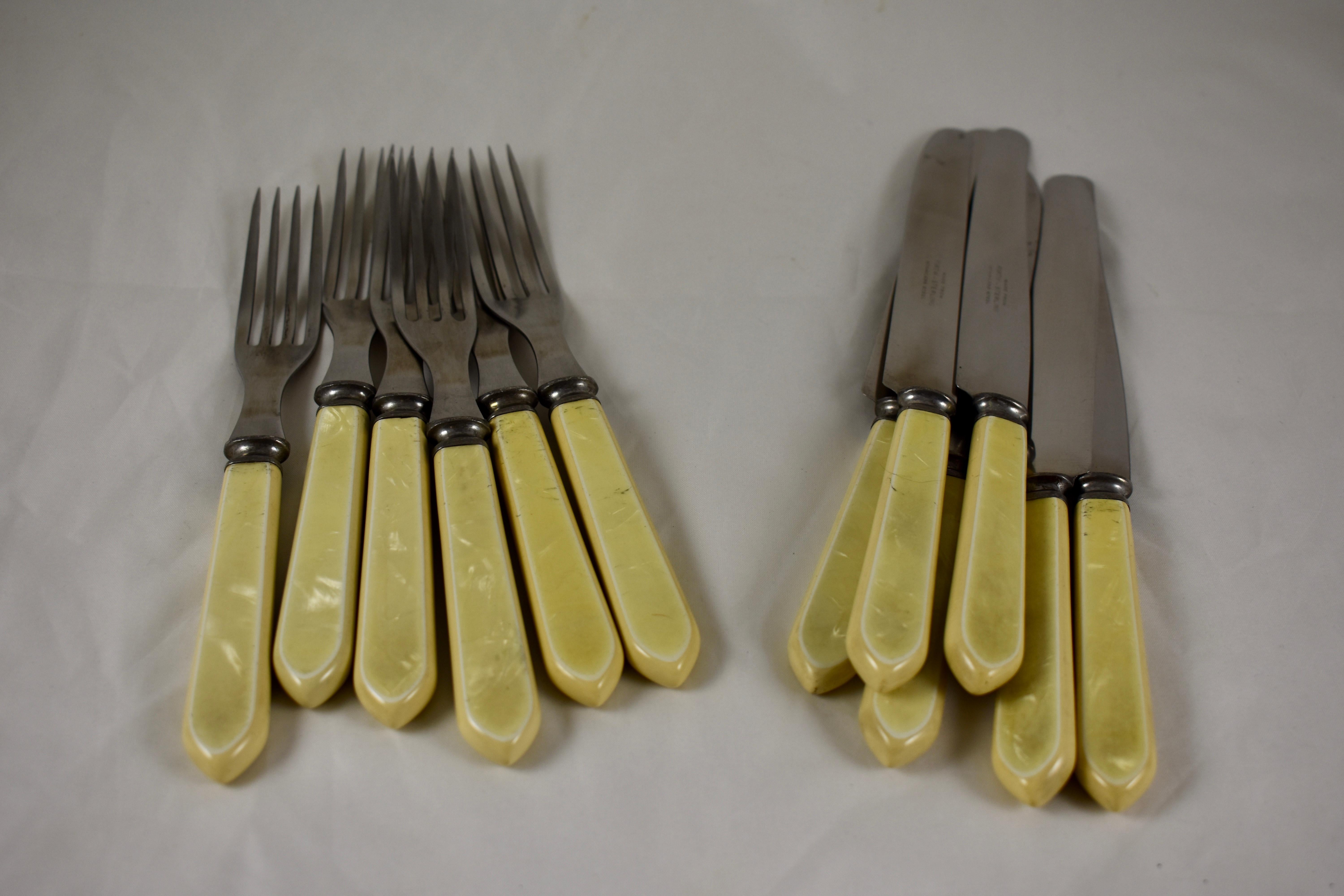 Stainless Steel 1930s Sheffield Art Deco Pearlized Yellow Bakelite Flatware, Service for 6