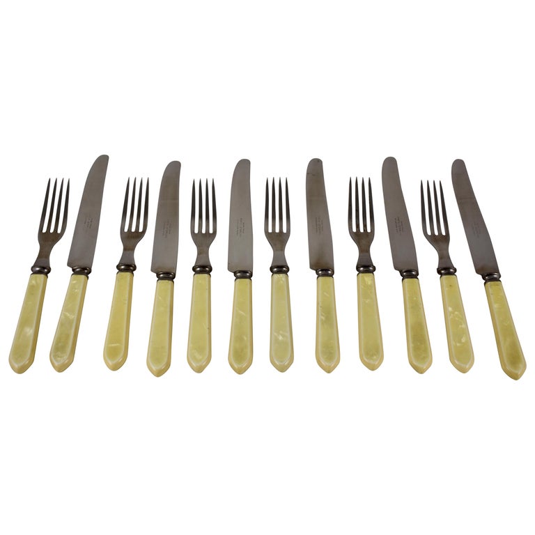 1930s Sheffield Art Deco Pearlized Yellow Bakelite Flatware, Service for 6  For Sale at 1stDibs