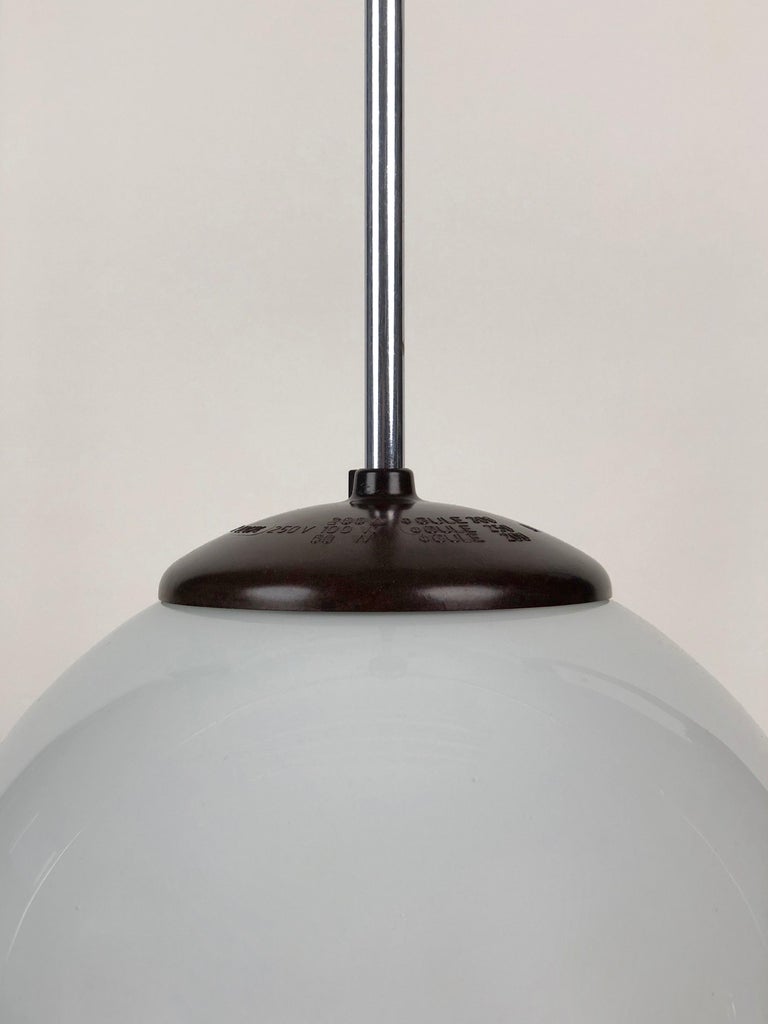 Bauhaus 1930s Pendant Light with Round Opaline Glass Shade and Bakelite Elements For Sale