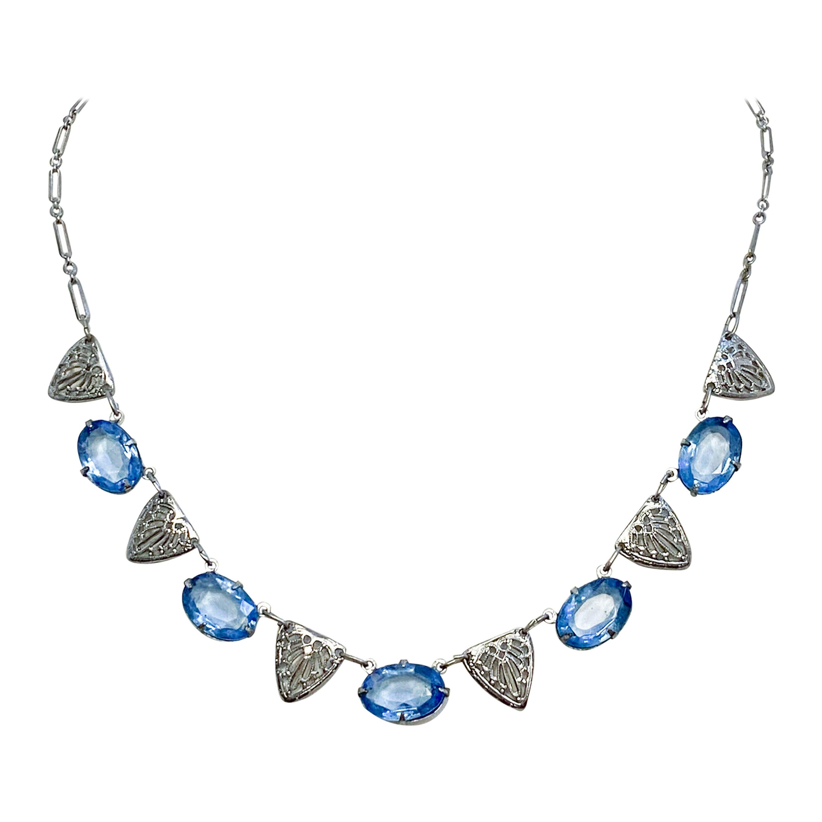 1930s Periwinkle Czech Glass and Sterling Silver Necklace