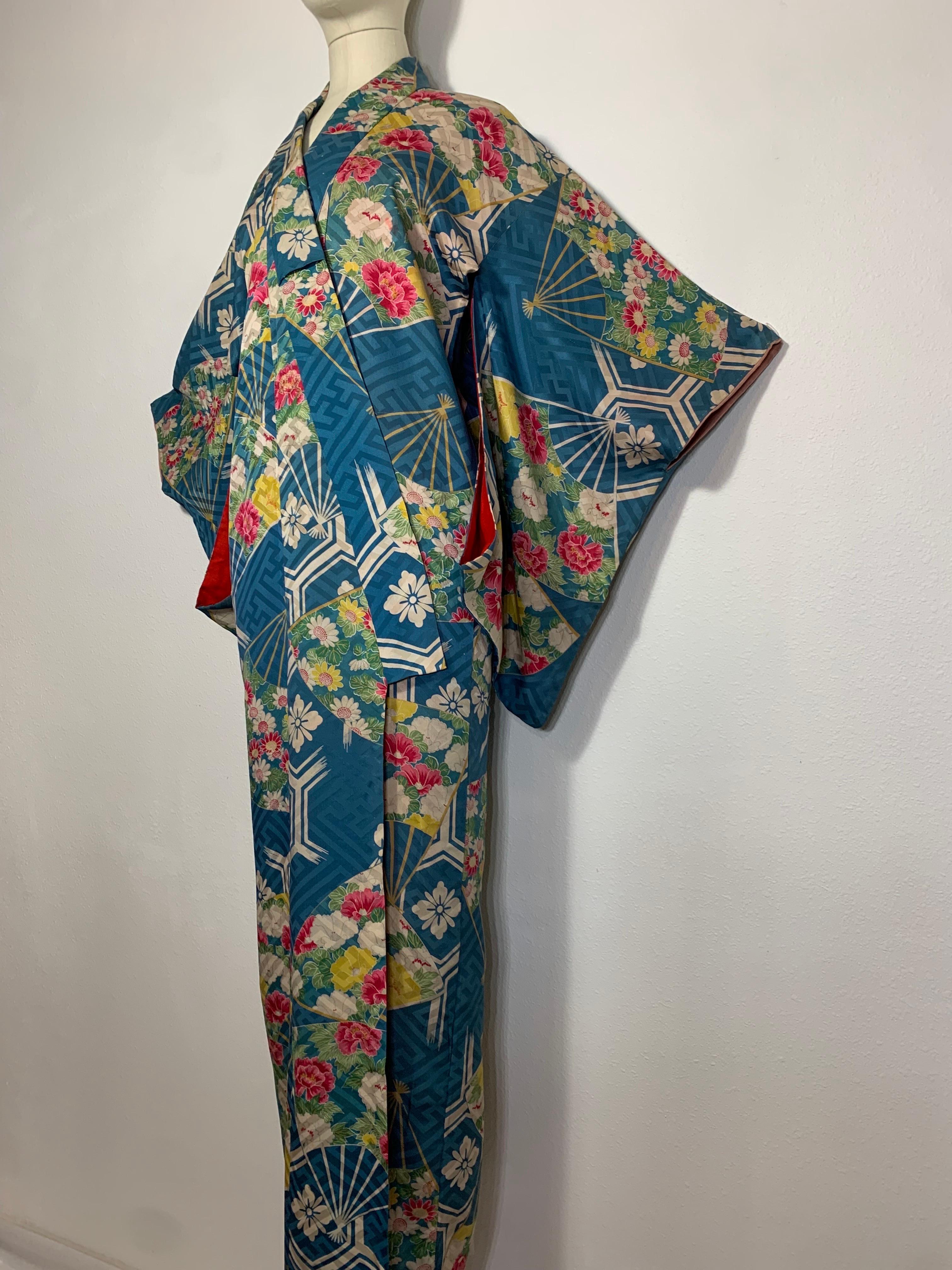 1930s Periwinkle Silk Traditional Kimono w Florals Fans and Red Silk Lining For Sale 1