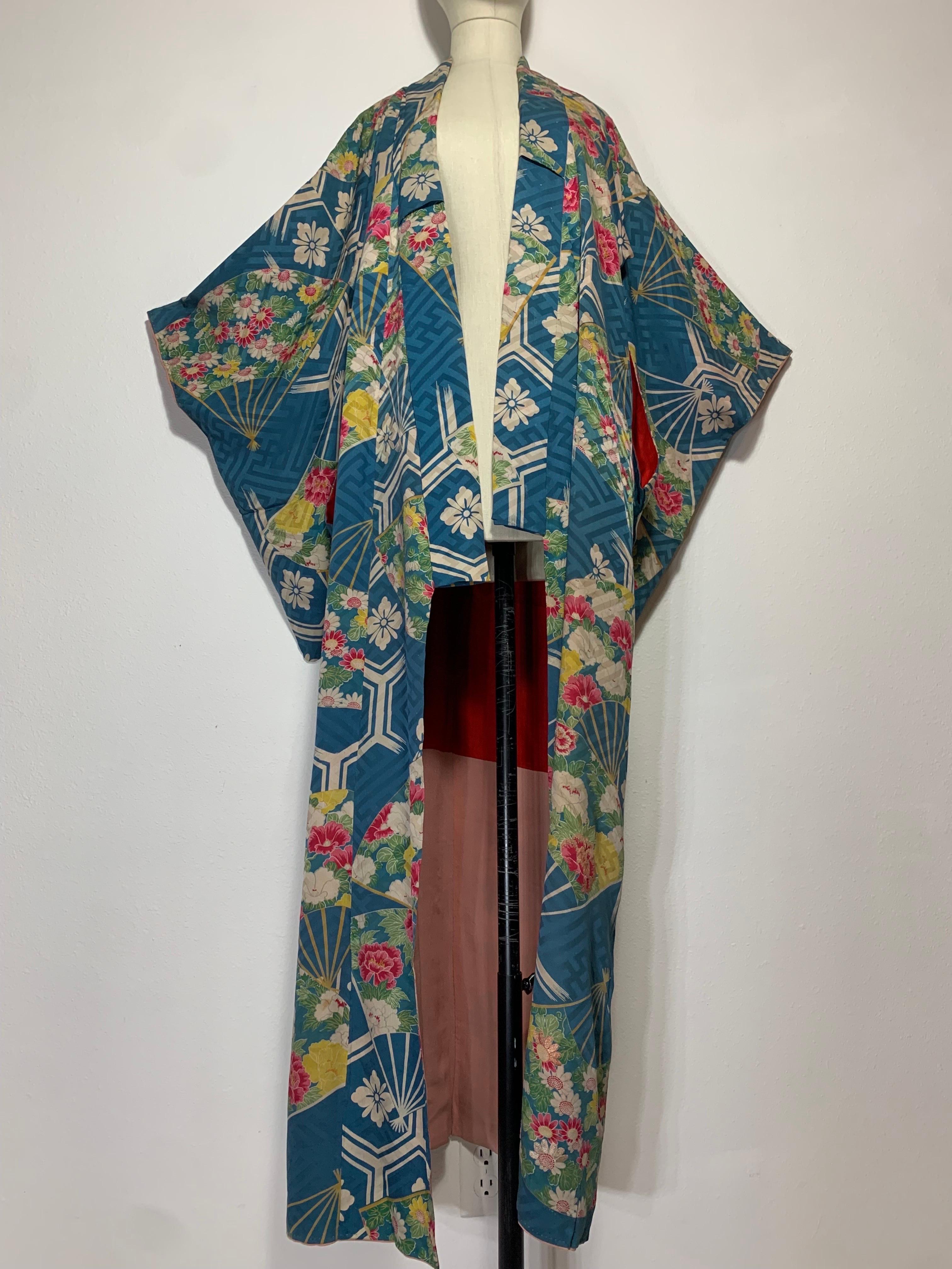 1930s Periwinkle Silk Traditional Kimono w Florals Fans and Red Silk Lining For Sale 2