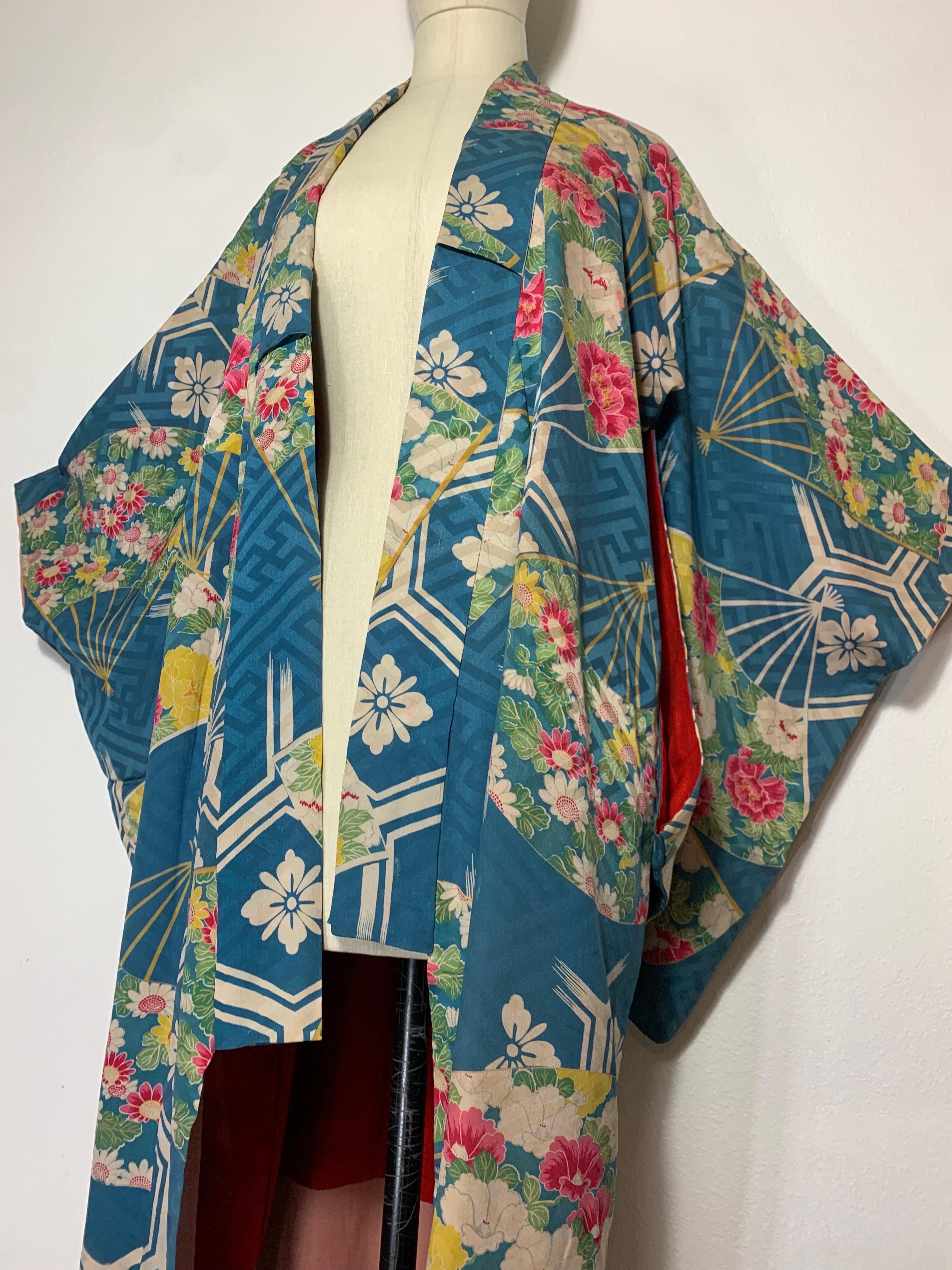 1930s Periwinkle Silk Traditional Kimono w Florals Fans and Red Silk Lining For Sale 3