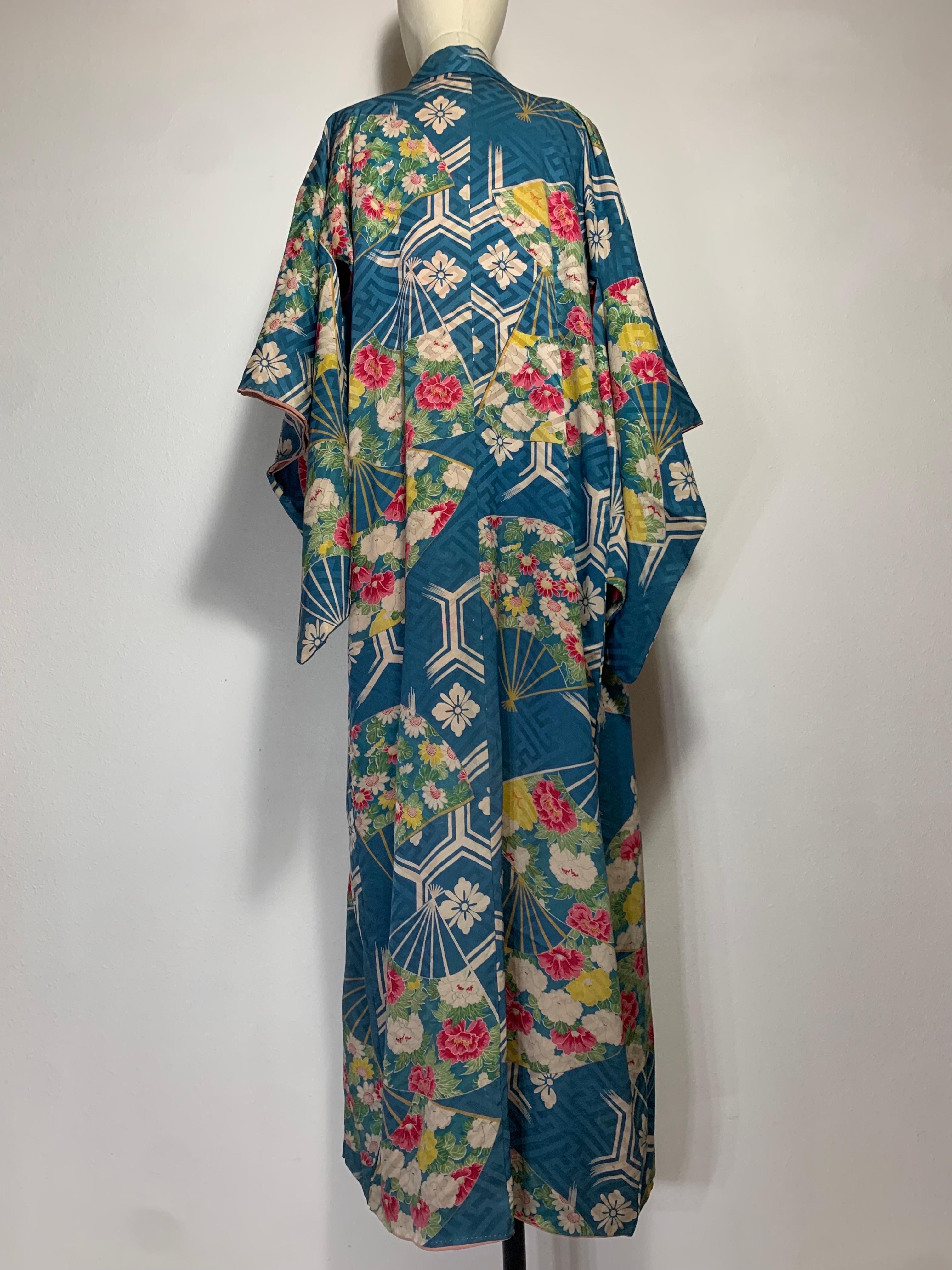 1930s Periwinkle Silk Traditional Kimono w Florals Fans and Red Silk Lining For Sale 5