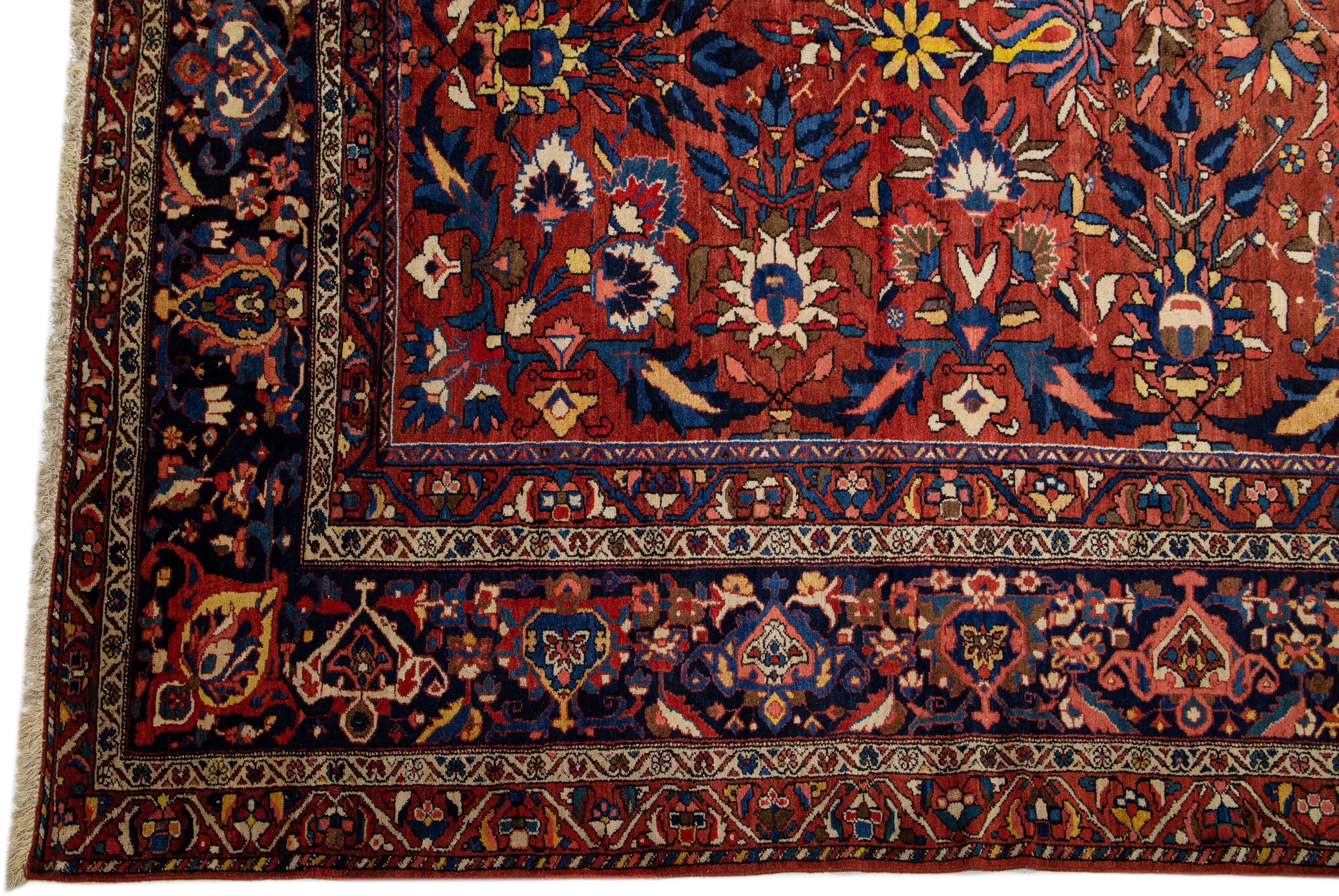 1930s Persian Bakhtiari Handmade Wool Rug Rosette Motif in Red In Excellent Condition For Sale In Norwalk, CT