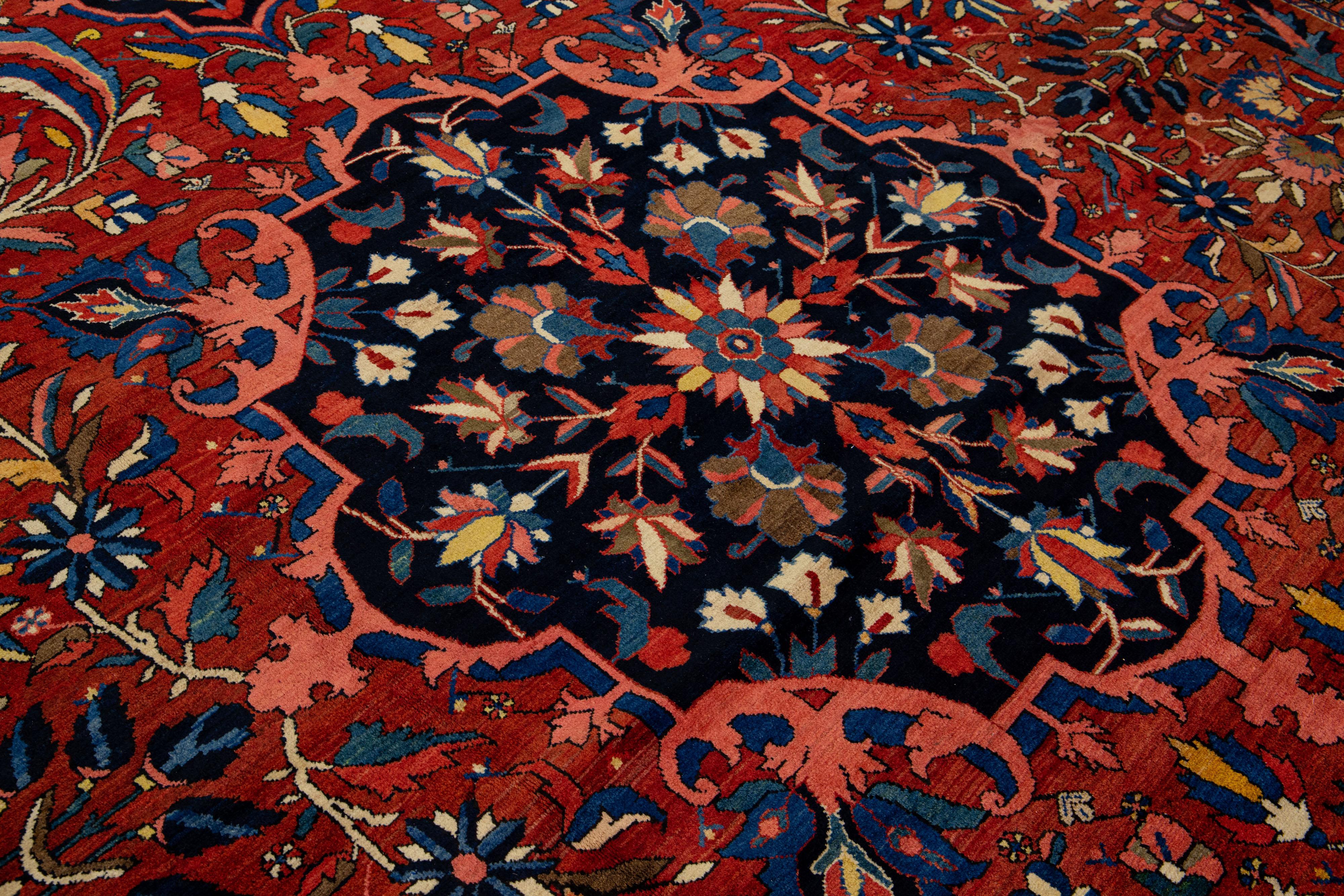 Mid-20th Century 1930s Persian Bakhtiari Handmade Wool Rug Rosette Motif in Red For Sale