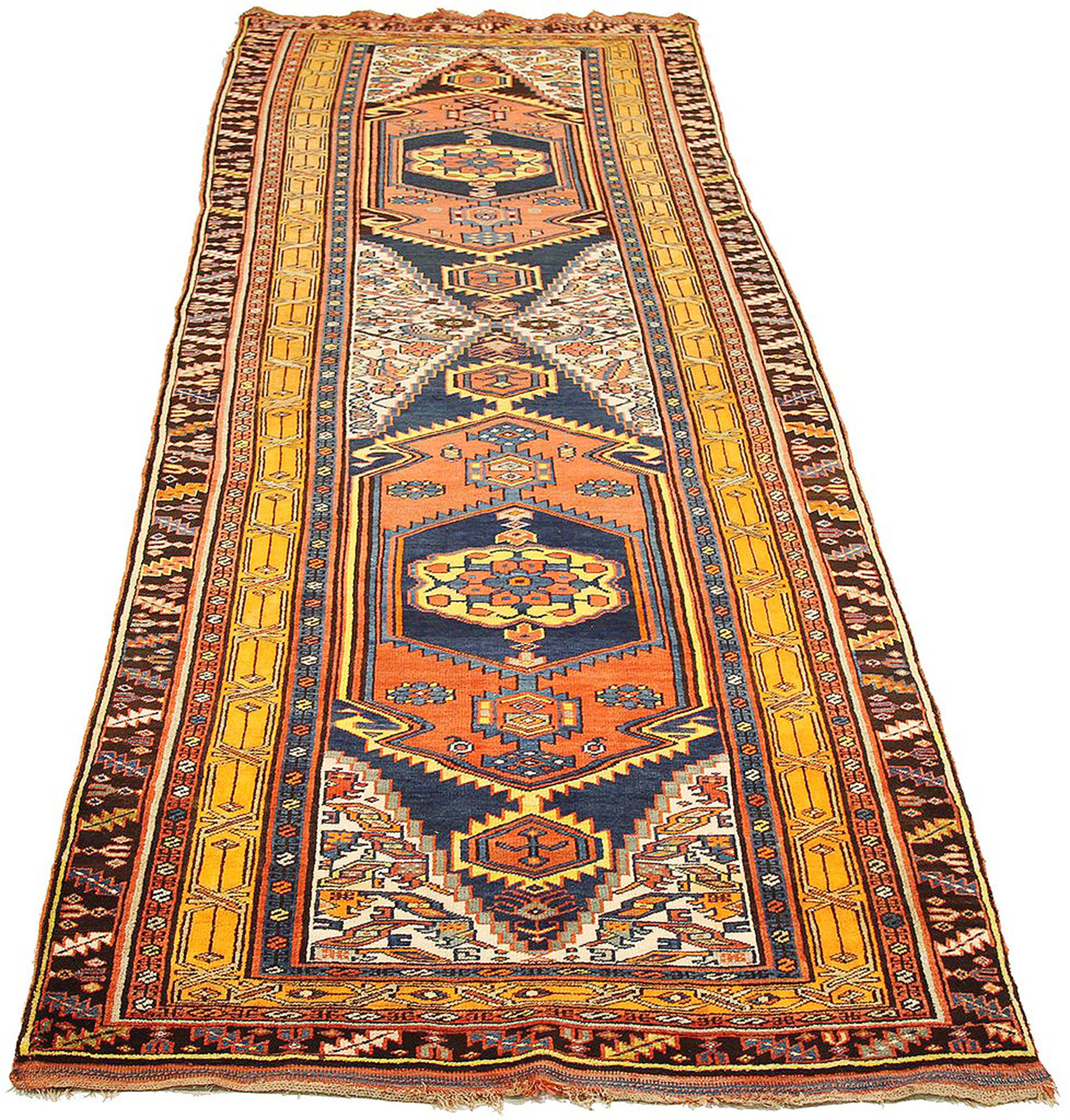 Hand-Woven 1930s Persian Bijar Runner Rug with Medallions of Mixed Floral & Geometric Detai For Sale