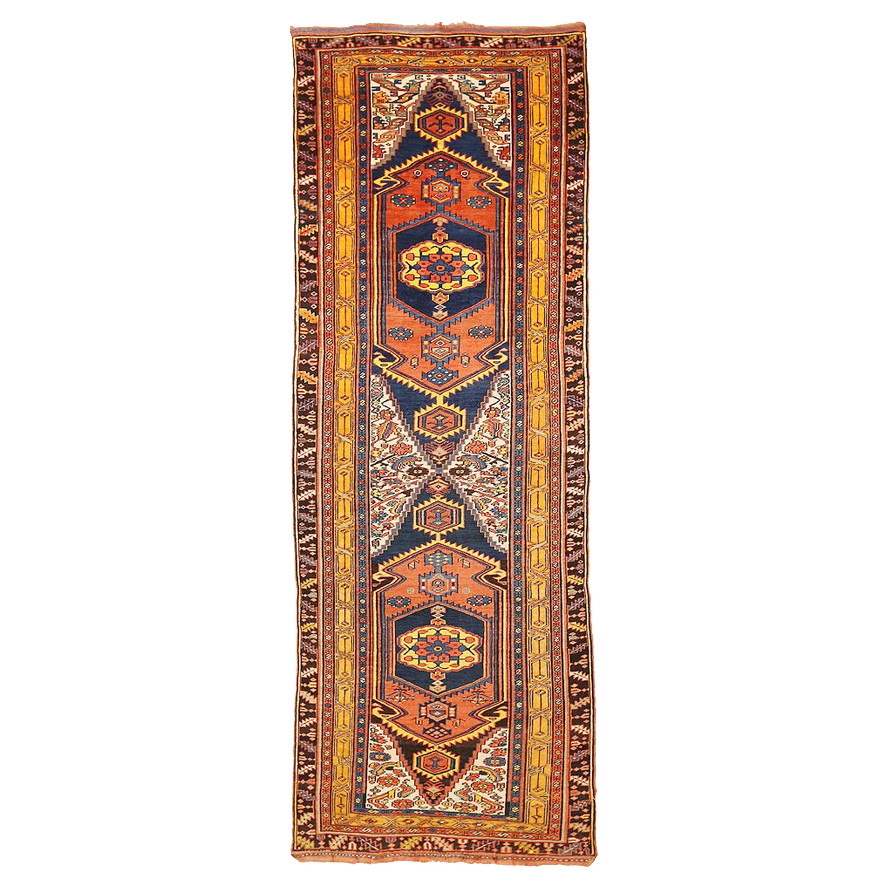 1930s Persian Bijar Runner Rug with Medallions of Mixed Floral & Geometric Detai For Sale