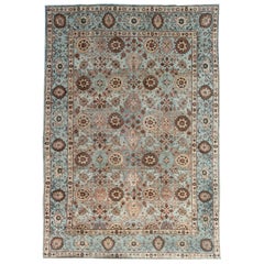 1930s Persian Tabriz Azure, Ivory and Umber Handwoven Wool Rug
