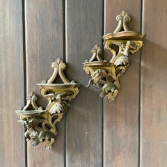 1930s Petite Cherub Carved Gilt Wood Trinket Shelf, Pair