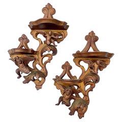 Antique 1930s Petite Cherub Carved Gilt Wood Trinket Shelf, Pair