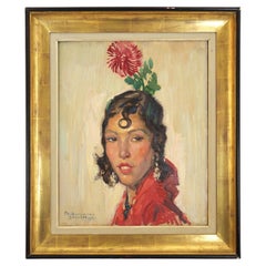 1930s Philippe Swyncop Painting of a Woman with Flower