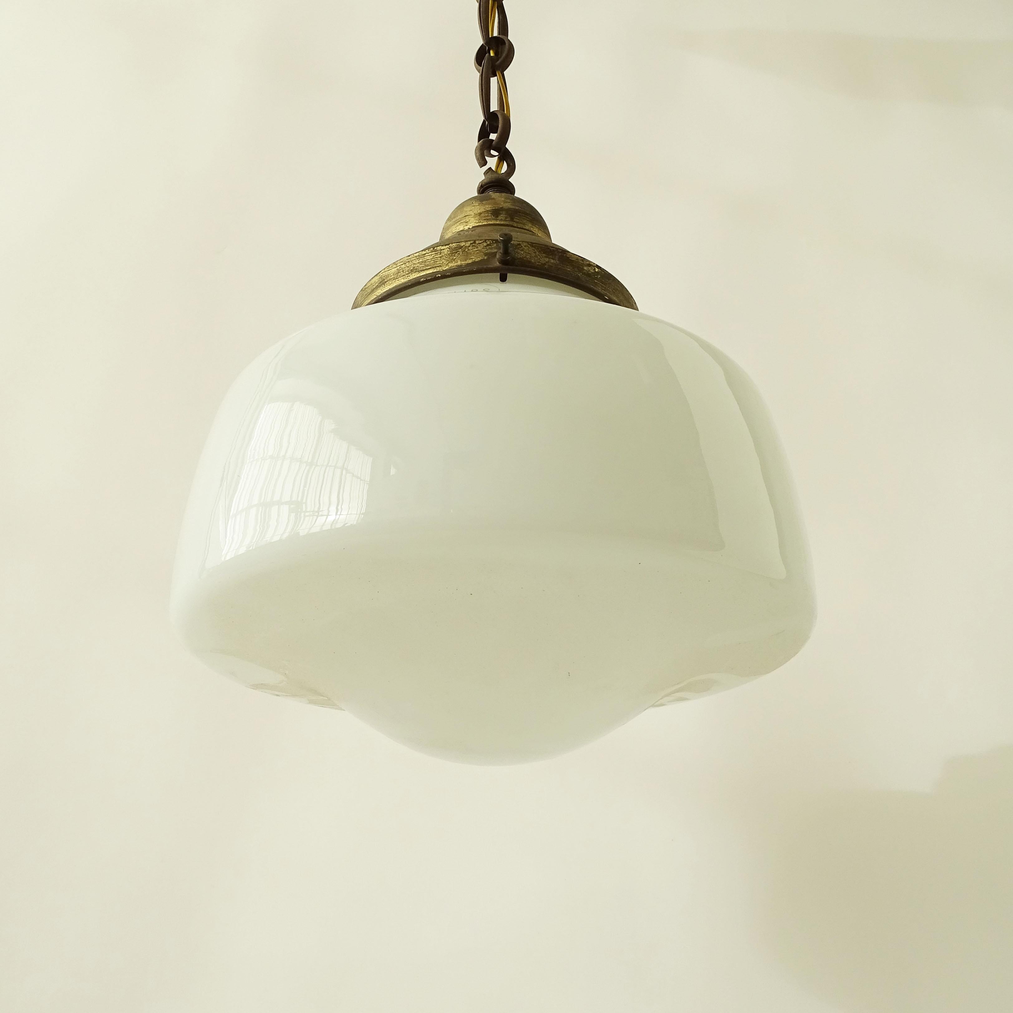 Dutch 1930s Philips opaline glass and brass pendant For Sale