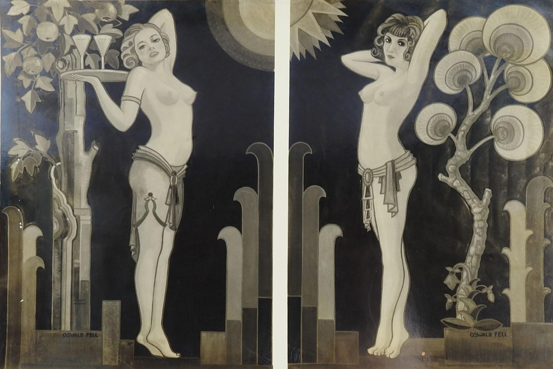 Photographie d'une peinture murale figurative Art déco réalisée par Oswald Fell (20e siècle) en Allemagne et au Texas dans les années 1930. Photographie unique avec 2 images, provenant de la succession de l'artiste.  Non encadré, usure des bords.