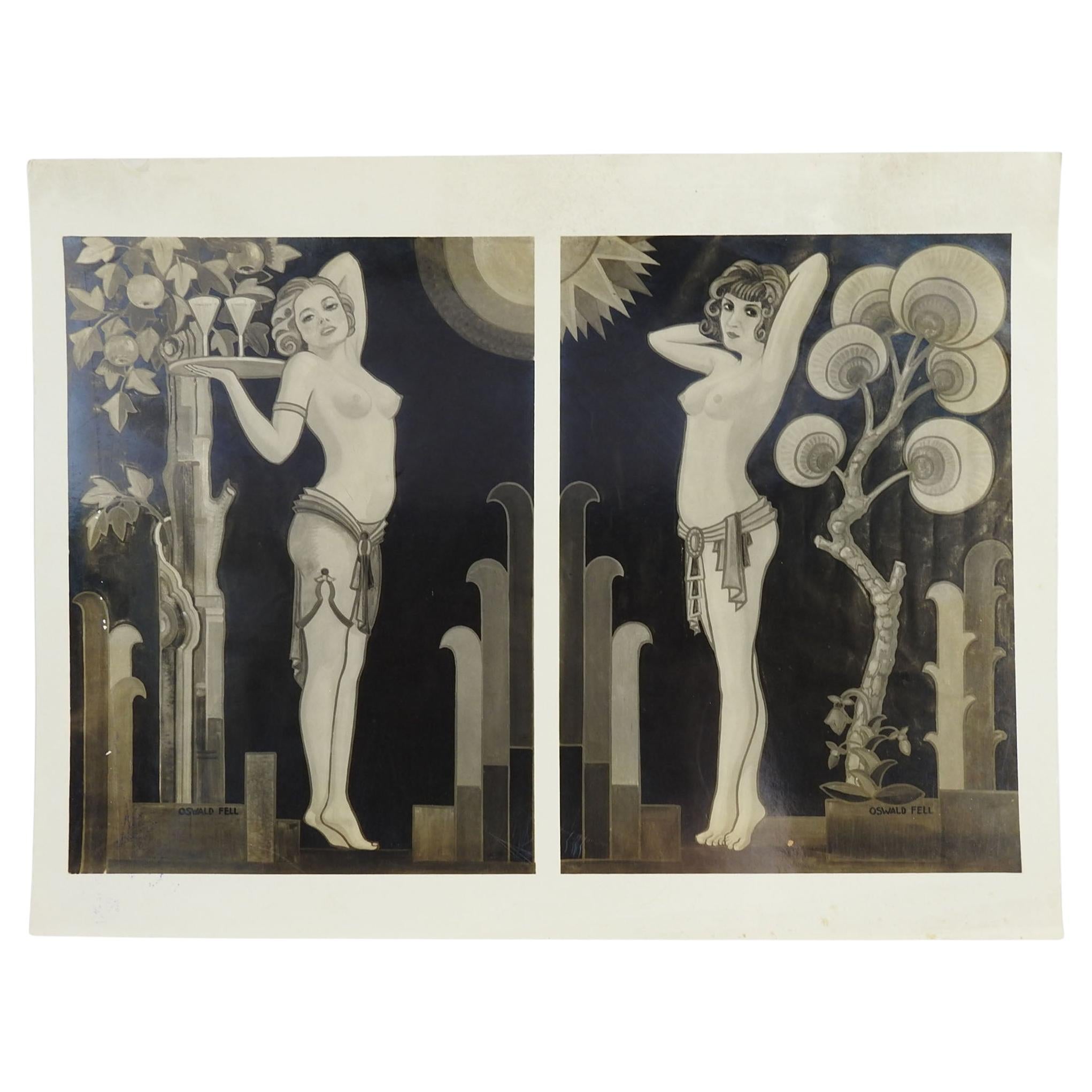 1930er Jahre Fotografie von Art-déco-Wandgemälden mit weiblichen Figuren im Halbakt