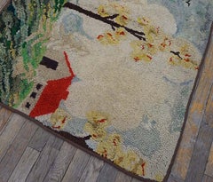 Charming and Sweet Folk Art Farm And Cabin Design Antique American Hooked Rug
