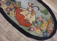 1930s Sky Blue Pictorial Antique American Hooked Rug 2'x3' 7" Woven Wool Carpet