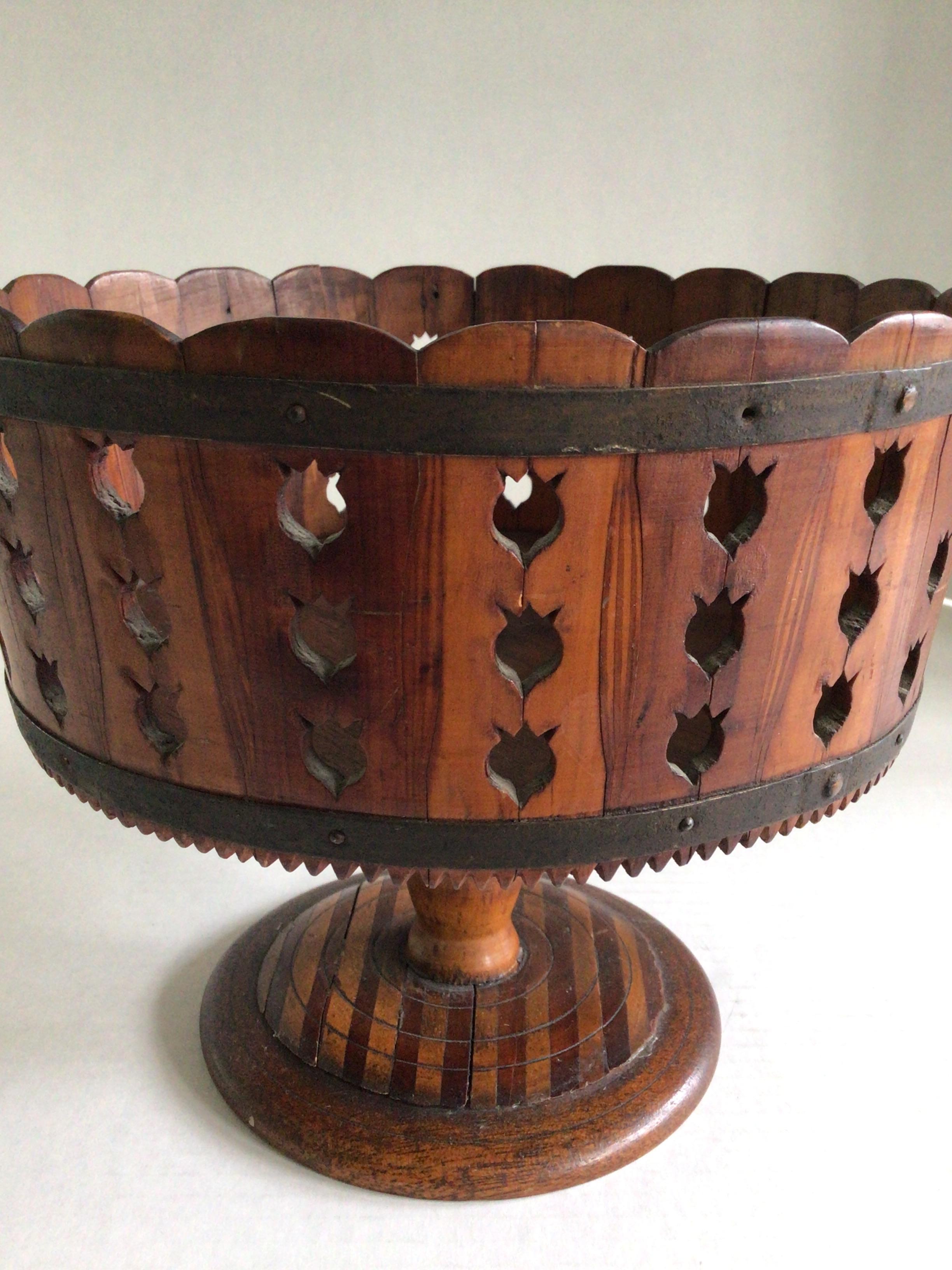 Country 1930s Pierced Wood and Brass Strapped Compote/Bowl