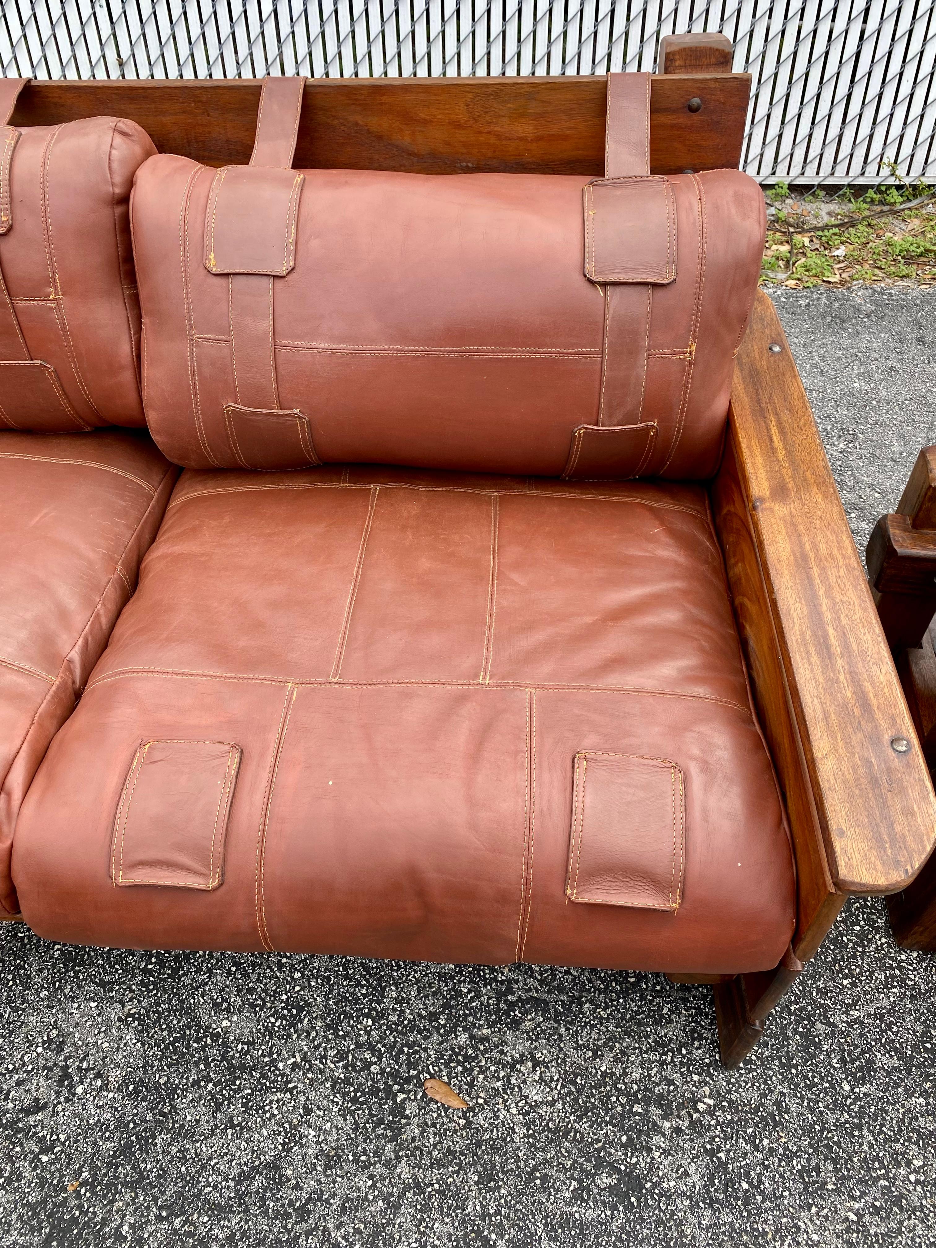 1930s Rustic Pine Saddle Leather Sling Living Room Suite, Set of 8 For Sale 6
