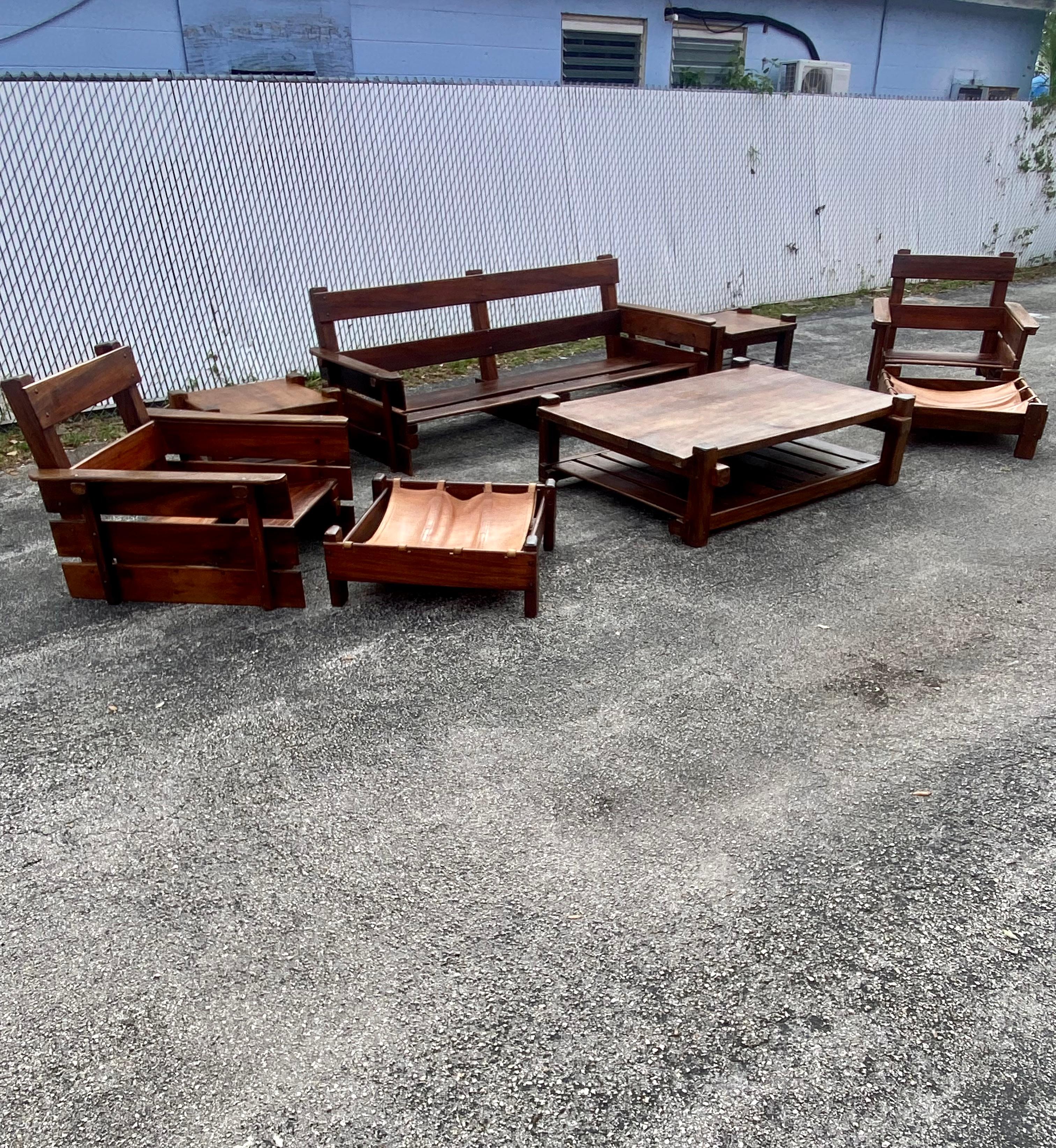 1930s Rustic Pine Saddle Leather Sling Living Room Suite, Set of 8 For Sale 12