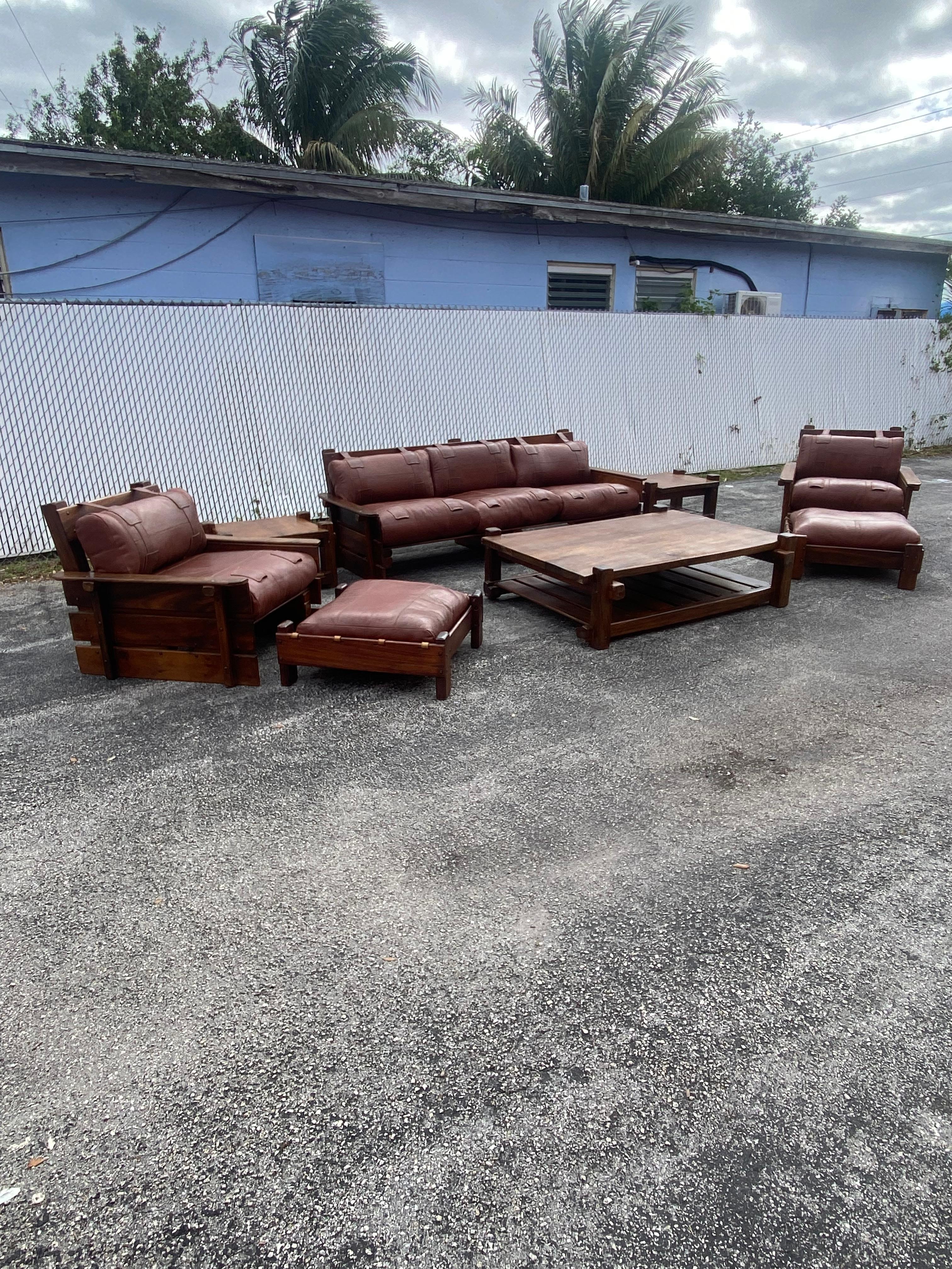 Art Deco 1930s Rustic Pine Saddle Leather Sling Living Room Suite, Set of 8 For Sale
