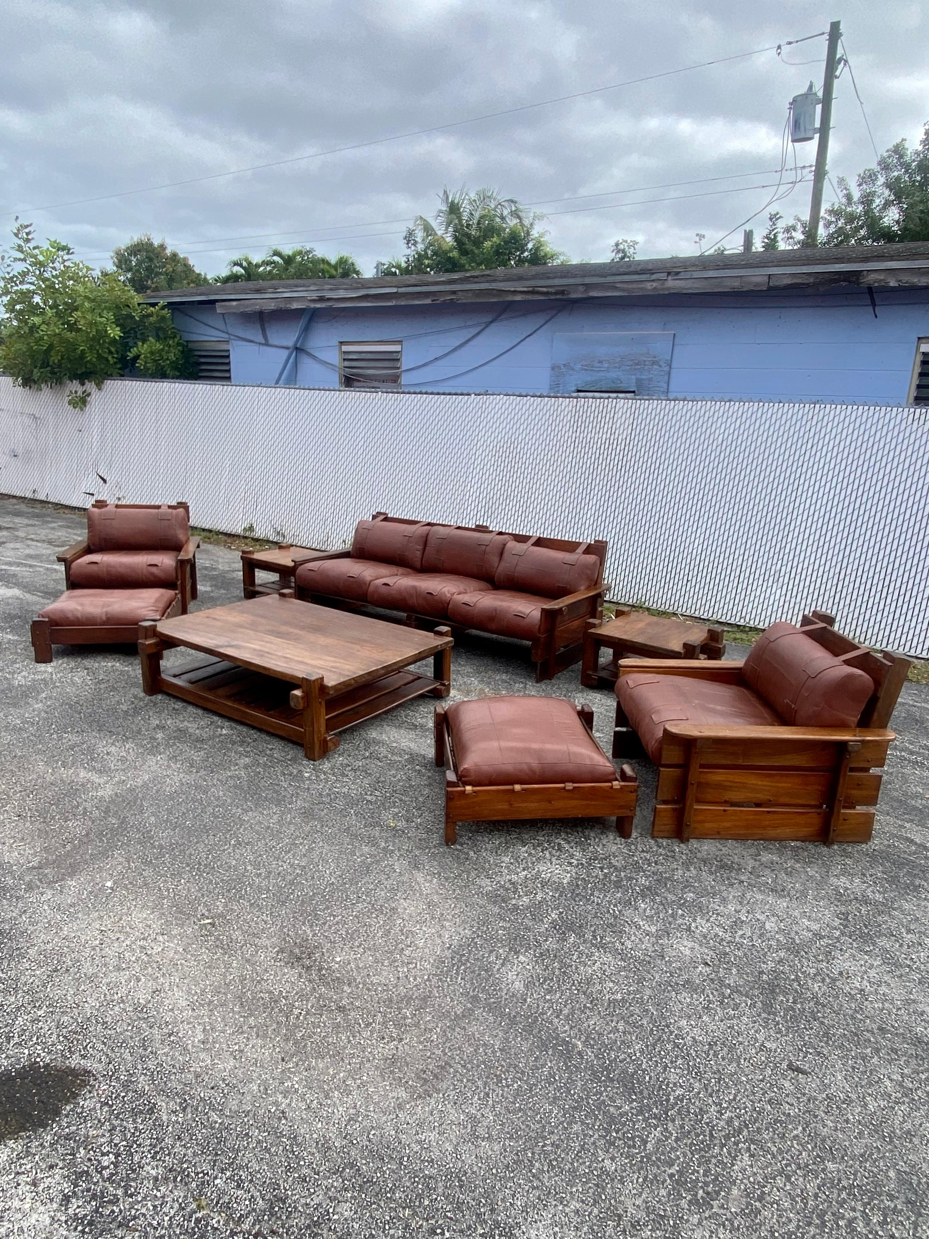 American 1930s Rustic Pine Saddle Leather Sling Living Room Suite, Set of 8 For Sale