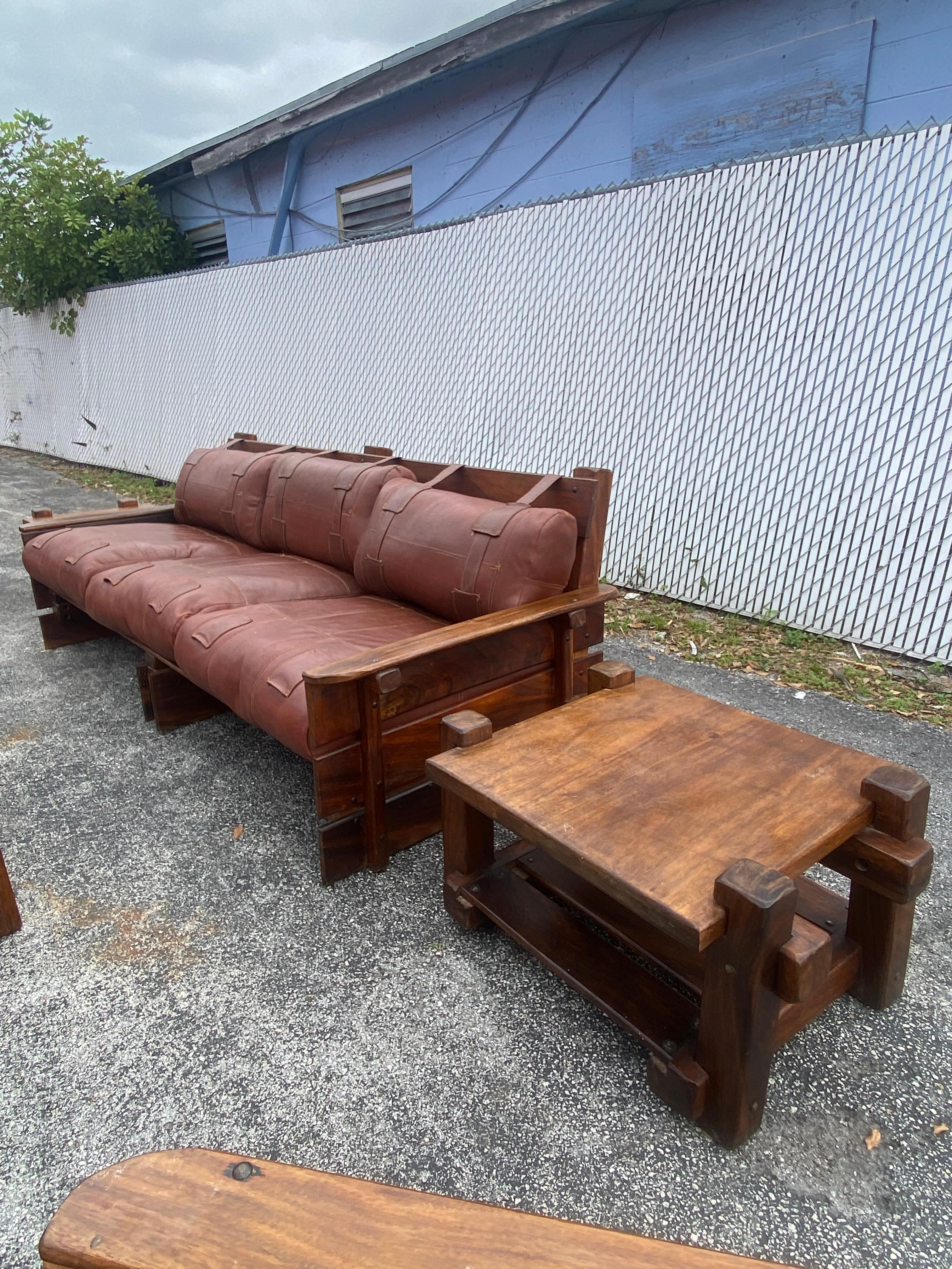 1930s Rustic Pine Saddle Leather Sling Living Room Suite, Set of 8 For Sale 1