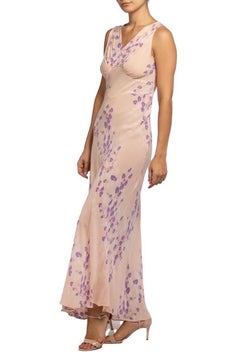 1930S Pink Bias Cut Silk Chiffon Negligee With Purple Flowers