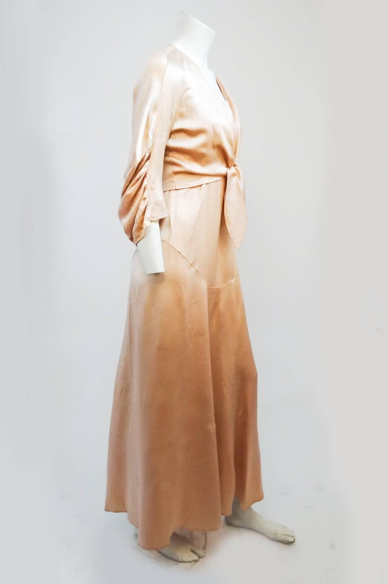 1930s Pink Hammered Silk Dress & Bolero Set. Bias cut full length dress with no closures, pulls on over head. Woven cross-back straps. Quarter length bolero jacket ties at front, beautiful ruched sleeve detail. 