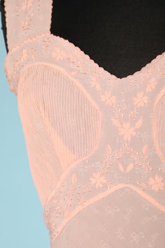 1930's pink jacquard embroidered silk nightgown with top-stitched bust and belt