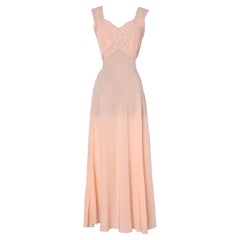 1930's pink jacquard embroidered silk nightgown with top-stitched bust and belt