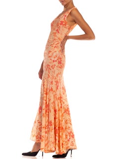 1930s Pink & Orange Floral Rayon Assymetrical Bias Cut Dress